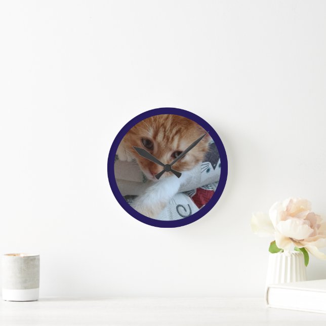 Relógio Redondo Texto de Foto de Gato Personalizar (Lar)