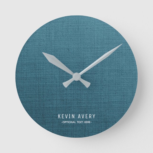 Relógio Redondo Textura de linho azul personalizada (Frente)