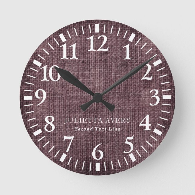 Relógio Redondo Textura personalizada de linho de vinho roxo (Frente)