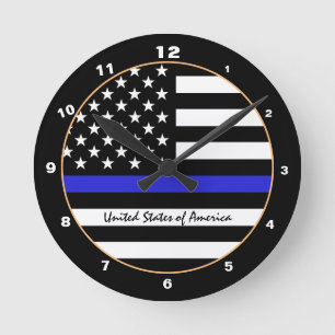 Relógio Redondo Thin Blue Line e polícia de bandeira americana / 