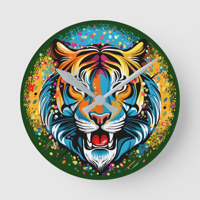 Relógio Redondo Tinta de cores Arco-íris Cabeça de Tigre (Frente)
