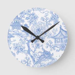 Relógio Redondo Toile de Chinoiserie Azul Dragão Flor de Cerejeira