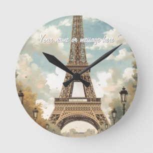 Relógio Redondo Torre Eiffel Paris Viagem Arte Retro Vintage Nome