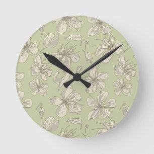 Relógio Redondo Tosse Blossoms em Olive Green - padrão sem costura