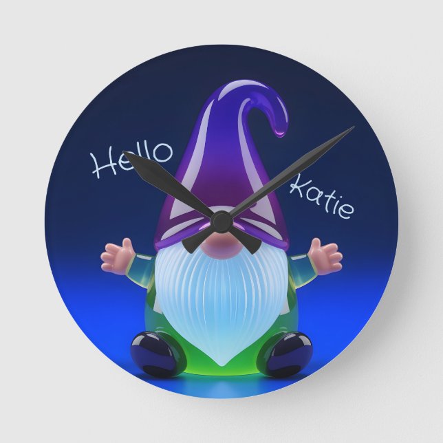 Relógio Redondo Translucent Glass Gnome Figurine with Custom Name (Frente)