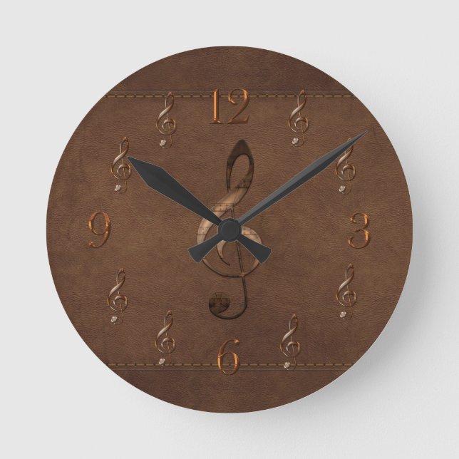 Relógio Redondo Trble Clef Music Temed Faux Leather Wall Clock (Frente)