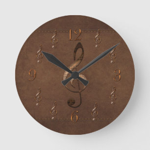 Relógio Redondo Trble Clef Music Temed Faux Leather Wall Clock
