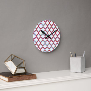Relógio Redondo Trellis branca e vermelha, lete, quatrefoil