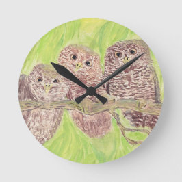 Relógio Redondo Três Pequenas Corujas De Vassoura - pintura acríli