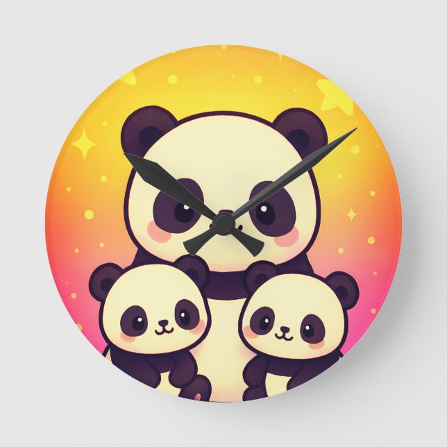 Relógio Redondo Trio de Panda Impressionante na Paisagem Gradiente (Frente)