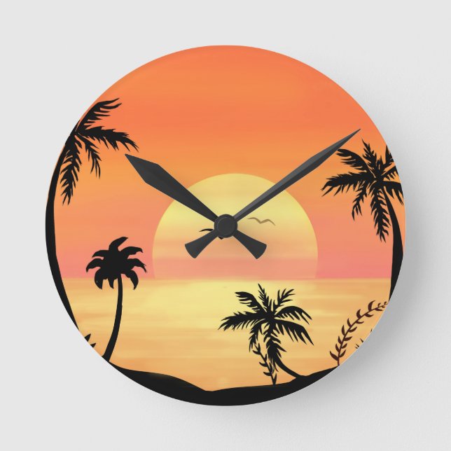 Relógio Redondo Tropical Beach Sunset Palm Tree Silhouette Art (Frente)