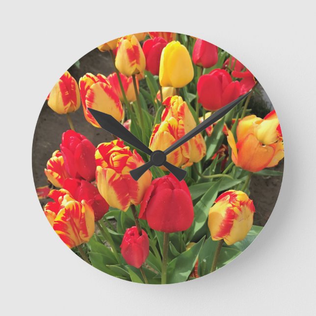 Relógio Redondo Tulipas Amarelas e Vermelhas (Frente)