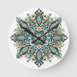 Relógio Redondo Turquoise Paisley Mandala com Destaques Dourados 1