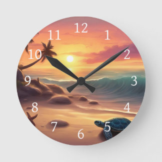 Relógio Redondo Turtle Starfish Beach Sunset Design 307