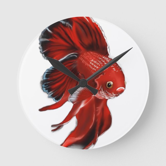Relógio Redondo Um vibrante peixe betta vermelho nadando. (Frente)