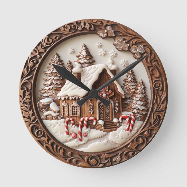 Relógio Redondo Uma casa acolchoada de madeira no inverno. (Frente)