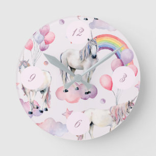Relógio Redondo Unicorn Rainbow Clouds Pink FairyTale Balloon Girl