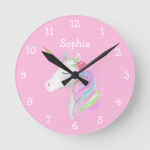 Relógio Redondo Unicorn Rainbow Personalizado Girl Name Pastel