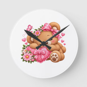 Relógio Redondo Ursa Teddy Adorável com Laço Rosa e Corações   Fof