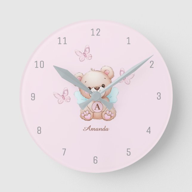 Relógio Redondo Urso Bonito Monograma Nome Rosa (Frente)