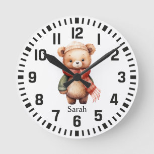 Relógio Redondo Urso de Nome Personalizado legal com Acessos e Cha