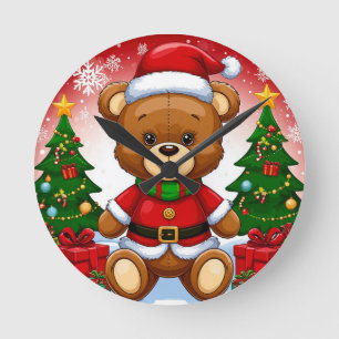 Relógio Redondo Urso de Pelúcia Adorável em Traje de Papai Noel