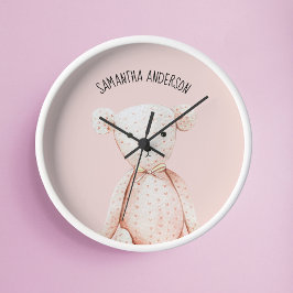 Relógio Redondo Urso de Teddy Rosa Pink Pastel de Bela Moderna com