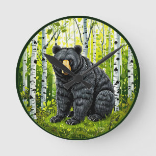 Relógio Redondo Urso Negro em uma Floresta de Bétulas