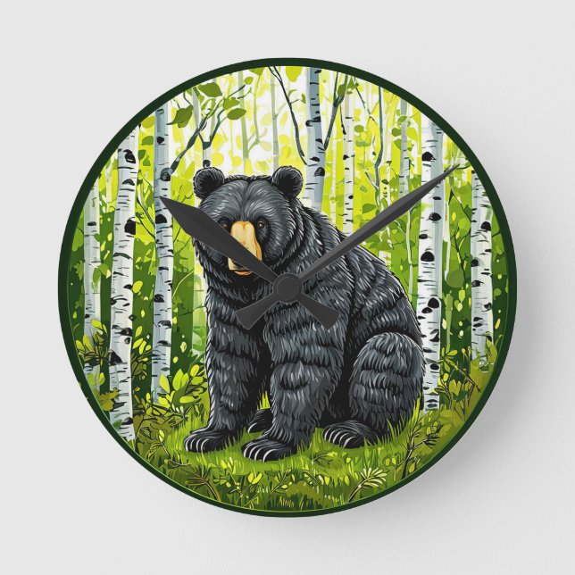 Relógio Redondo Urso Negro em uma Floresta de Bétulas (Frente)