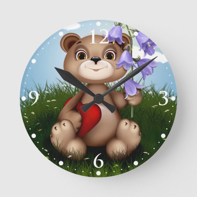 Relógio Redondo Urso Segurando Buquê Flor-30926 (Frente)