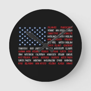 Relógio Redondo USA American Flag All 50 State Names