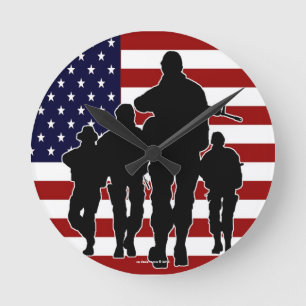 Relógio Redondo USA Flag Marching Soldiers Silhout Wall Clock