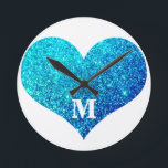 Relógio Redondo Valentine's Day Heart Monogram Blue Glitter Cute<br><div class="desc">Printed with big heart pattern in glittery blue background with text template for monogrammed initials!</div>