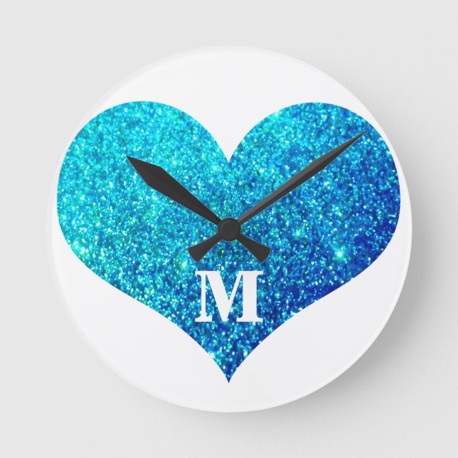 Relógio Redondo Valentine's Day Heart Monogram Blue Glitter Cute (Frente)