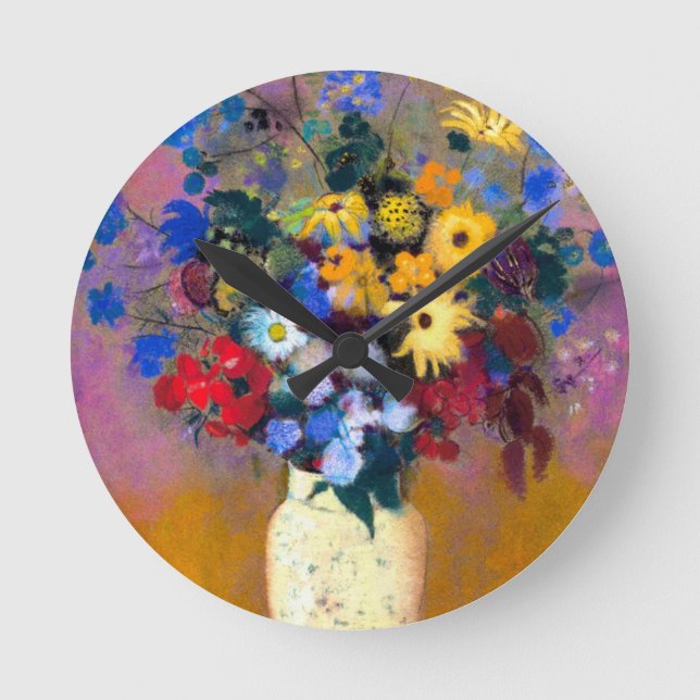 Relógio Redondo Vaso Branco com Flores Odilon Redon (Frente)