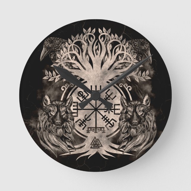 Relógio Redondo Vegvisir - Yggdrasil Com Ravens E Lobos (Frente)