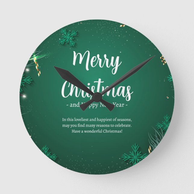 Relógio Redondo Verde e Branco Simples Dia de Natal 8" - acrílico (Frente)