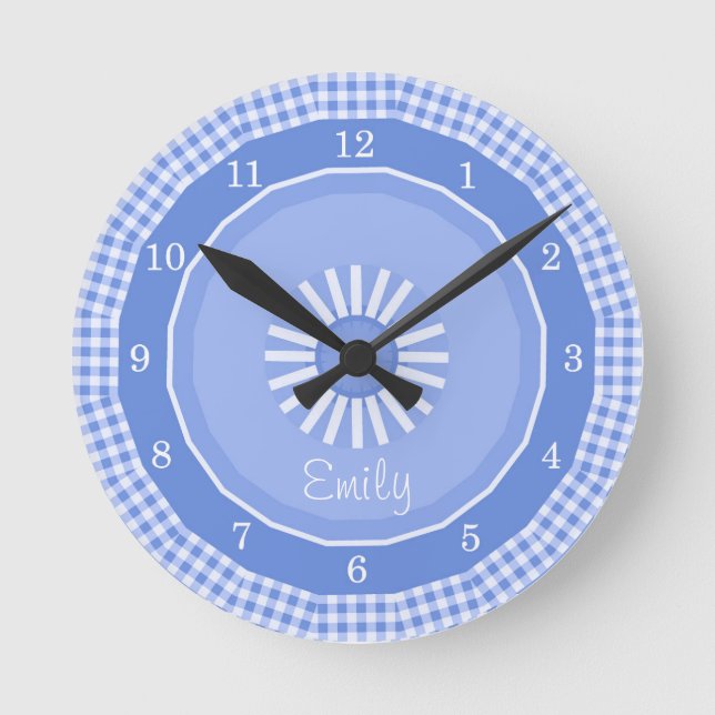 Relógio Redondo Verificações de Gingham Azul Numeradas (Frente)