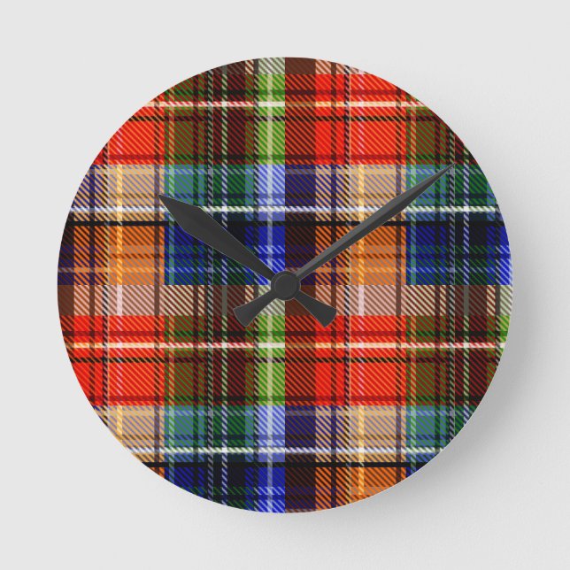 Relógio Redondo Vermelho Azul Verde Amarelo Xadrez Tartan Desenho  (Frente)