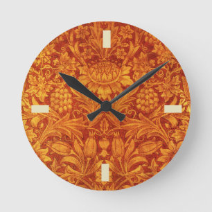 Relógio Redondo Vermelho Floral e Amarelo Dourado Design Wm Morris