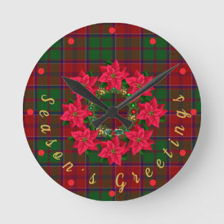 Relógio Redondo Vermelho Xadrez Tartan Poinsettia Natal