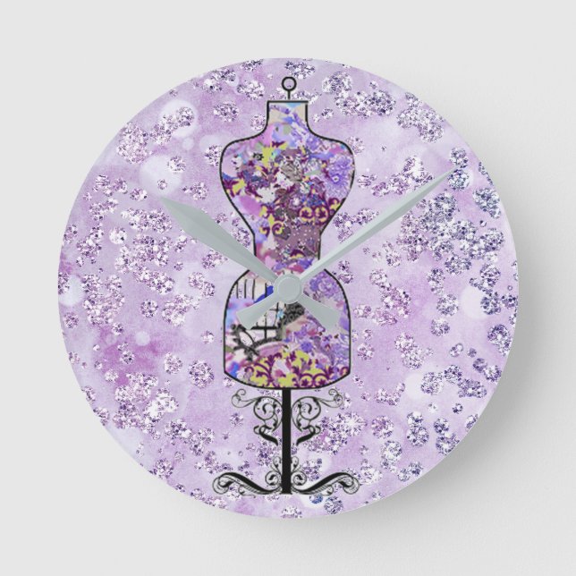 Relógio Redondo Vestido Floral Roxo Forma Bokeh Brilho (Frente)