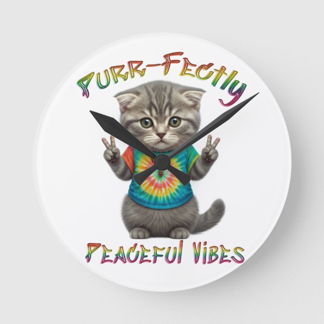 Relógio Redondo Vibrações Pacíficas de Gatinho Boho Hippie  (Frente)