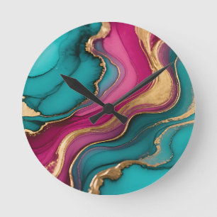 Relógio Redondo Vibrante Abstrato de Tinta Alcoólica Teal Magenta