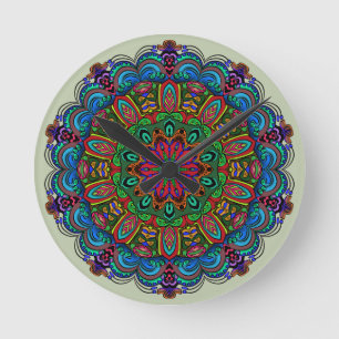 Relógio Redondo Vibrante Padrão Floral e Geométrico de Mandala