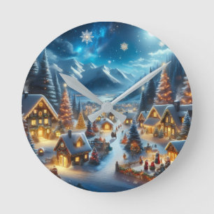 Relógio Redondo Vila Mágica de Natal Nevada ao Luar