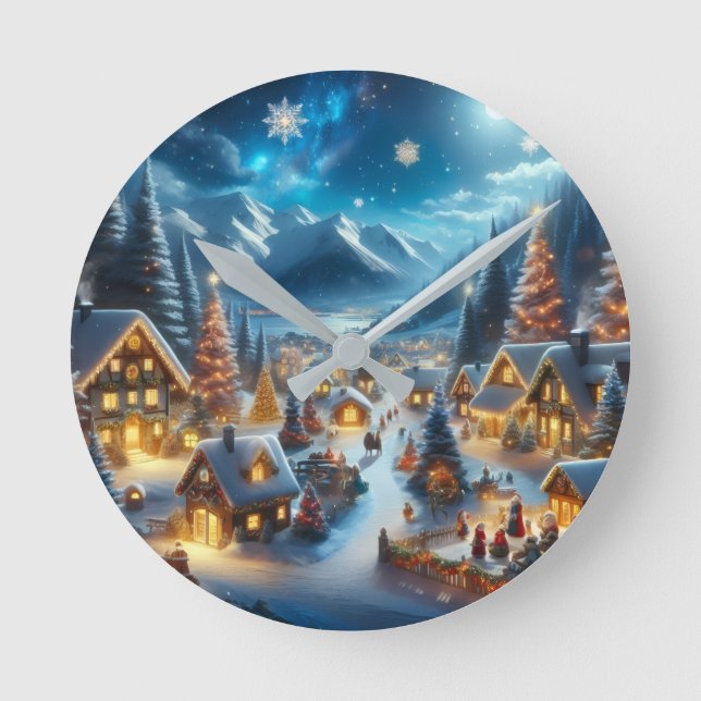 Relógio Redondo Vila Mágica de Natal Nevada ao Luar (Frente)