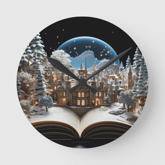 Relógio Redondo Vila Snow-Globe, Livro de Natal (Frente)