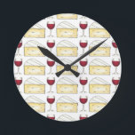 Relógio Redondo Vinho Queijo Vinho Vidro Vidro Brilho Vinha<br><div class="desc">O relógio apresenta uma ilustração original de um copo de vinho tinto e uma cunha de queijo cremoso. Excelente de dizer quando é hora do vinho! Não vê o que está procurando? Precisa de ajuda para a personalização? Entre em contato com Rebecca para ter algo projetado só para você.</div>