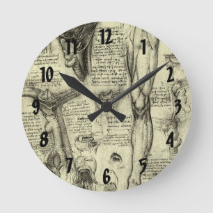 Relógio Redondo Vintage Anatomia Humana Laringe Perna Leonardo da 